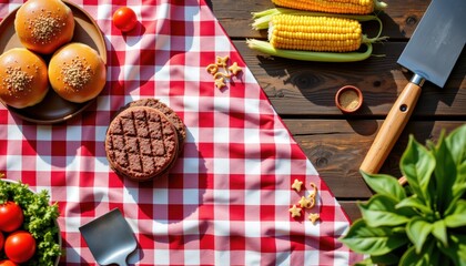 natural flat lay of 4th of july barbecue prep featuring a red checked cloth, burger buns, corn cobs