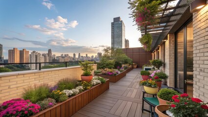 Fototapeta premium balcony garden with view of modern city at sunset