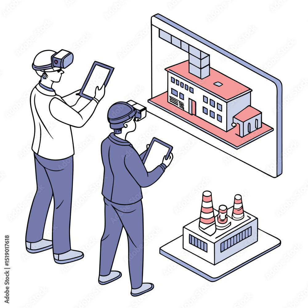 Poster architects review factory design using vr technology, showcasing digital twins and future-proof solu
