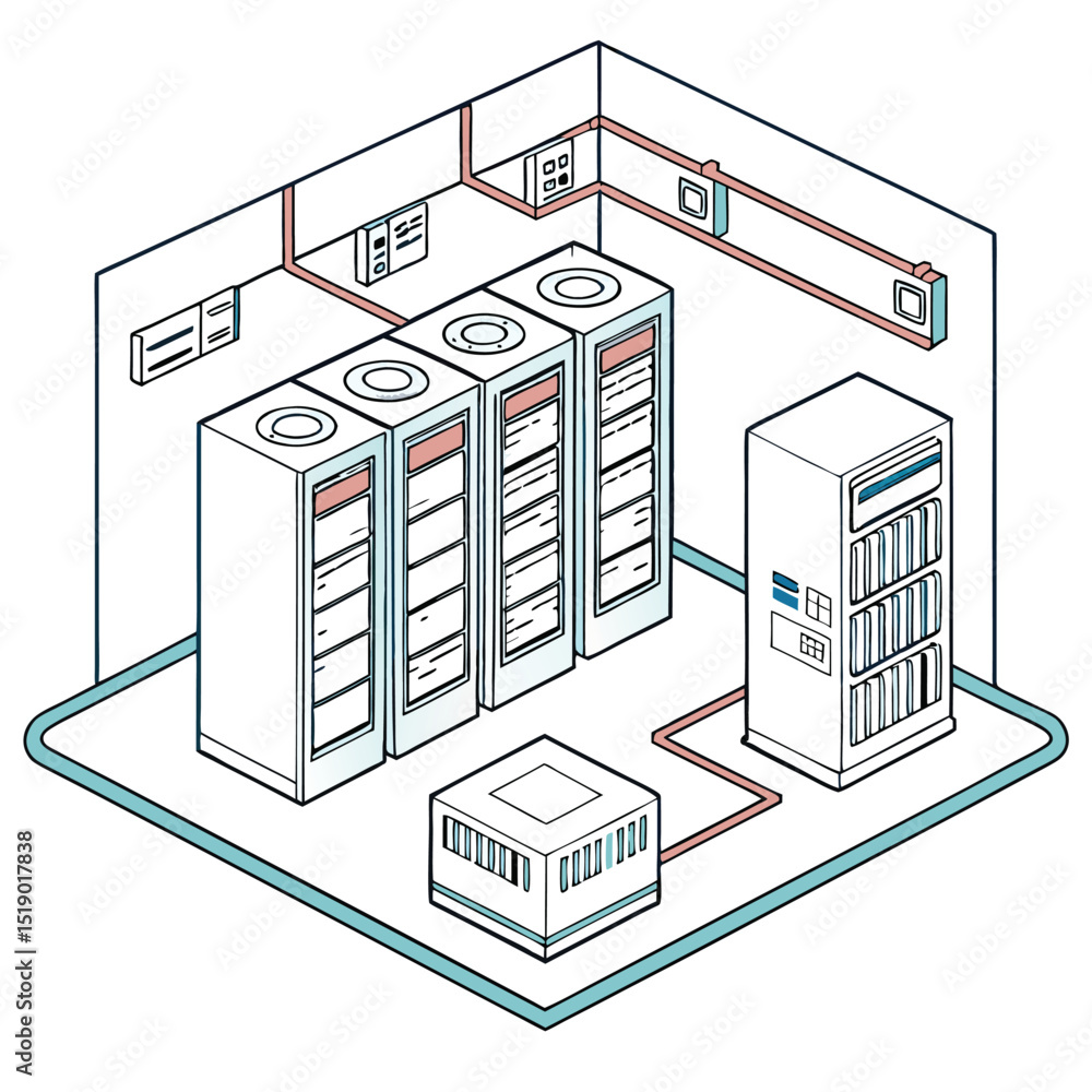 Poster server room setup: depicts a data center installation with isometric view, emphasizing network infra