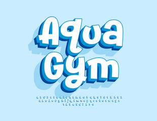 Vector Sports badge Aqua Gym. Funny 3D Font. Artistic Digital Alphabet Letters and Numbers set.