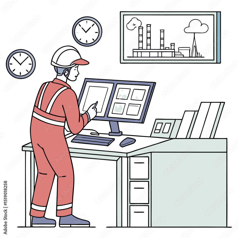 Poster engineer monitors factory operations using computer screens in a control room, a teamwork concept wi
