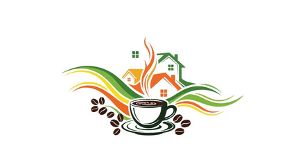 Colorful Coffee Shop with Homes and Coffee Beans