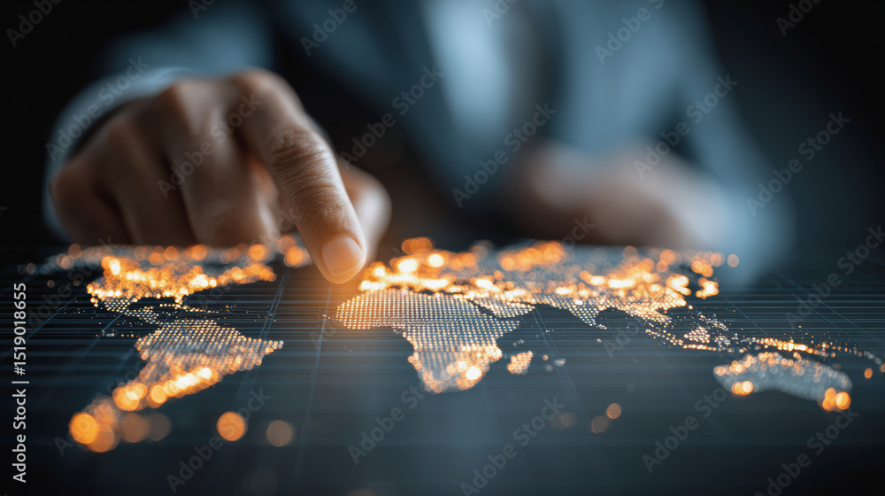 Poster a hand interacting with a glowing digital world map, representing global connection and technology.