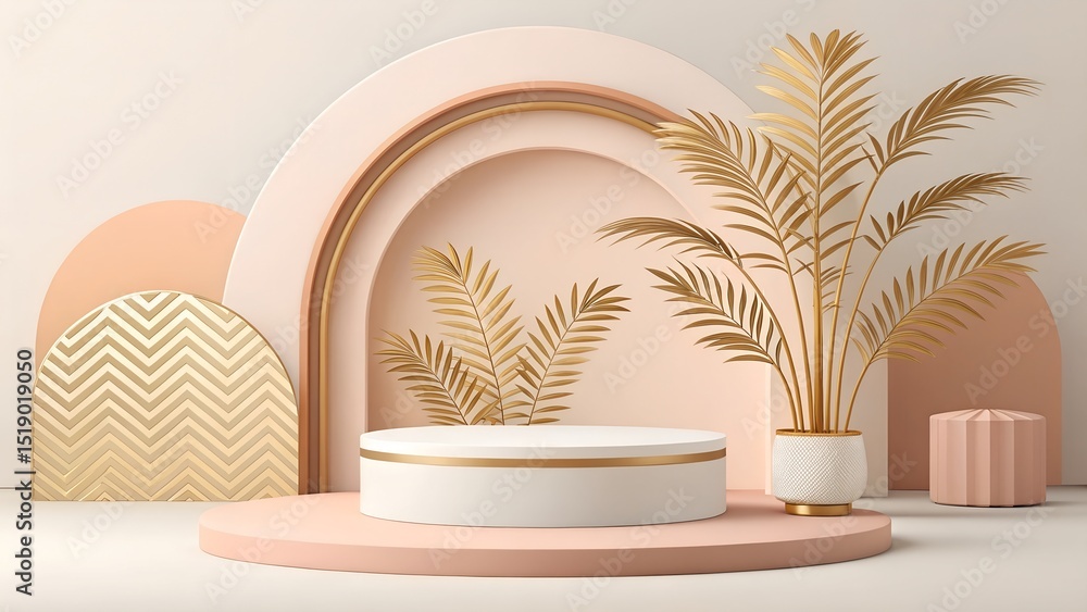 Poster boho interior minimal scene with podium and geometric forms 3d vector illustration. stage pedestal w