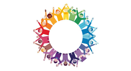 Diverse People Forming a Colorful Circle Arms Raised in Unity