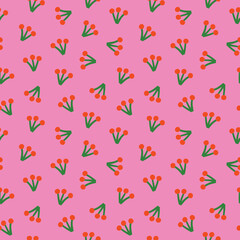 Minimalist flower seamless pattern in pink background for textile print, banner, wrapping paper, wallpaper.