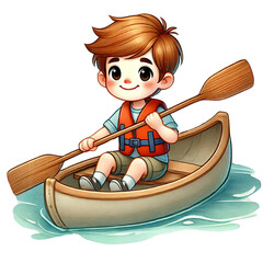 A cheerful boy enjoying a peaceful canoe ride in blue water.