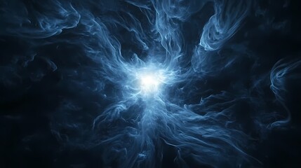 Obraz premium A smoky, dark explosion of deep blues and blacks, with swirling, ethereal patterns of mist radiating outward from a central glowing light. 