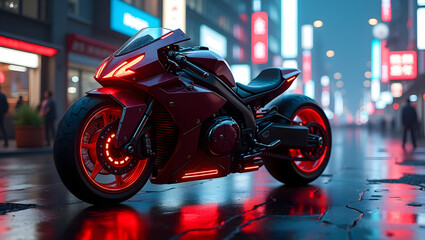 Sleek Red Cyberpunk Bike with Sharp Panels in Moody Neon Urban Nightscape