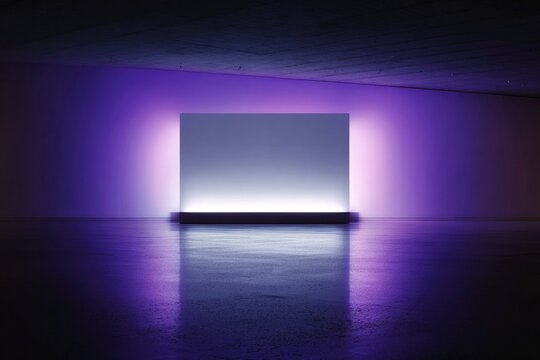A minimalist artwork featuring a rectangular, light-grey panel illuminated from below and set against a violet-hued wall within a dark, sleek space, with its reflection visible on the polished floor - Powered by Adobe