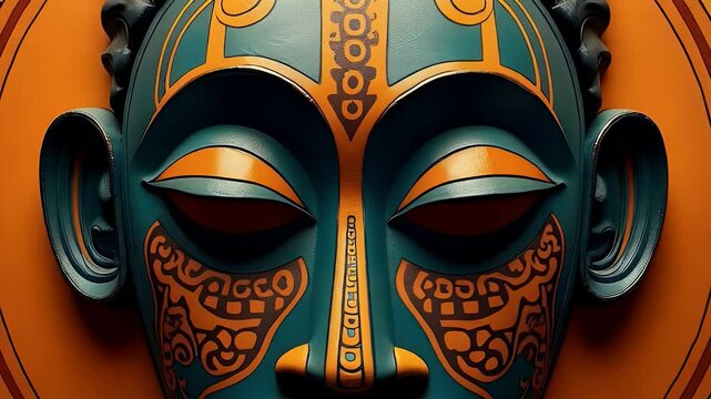 Stylized African tribal mask surrounded by rhythmic lines and warm earth tones. Evokes ancestral wisdom and spiritual strength. Symmetry and symbolism enrich cultural depth.