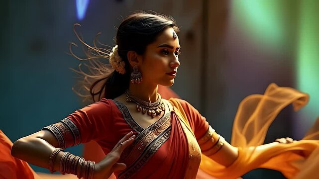  Indian Kathak dancer mid-spin, surrounded by motion trails of flowing ghungroo and silk. Scene rich in grace, discipline, and cultural storytelling through movement and rhythm.