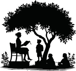 Silhouette of teacher and student under a tree – outdoor classroom
 vector isolated on white background