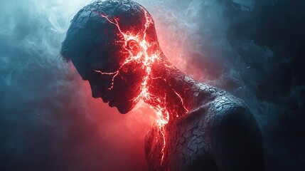 Dramatic Artistic Render of a Cracked Human Form with Glowing Energy
