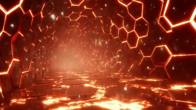 Orange Tech Hive Tunnel With Glowing Motion Grid Loop