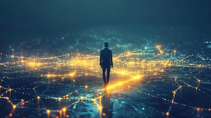 Abstract Illustration of Business Man on Digital Network Cityscape Concept