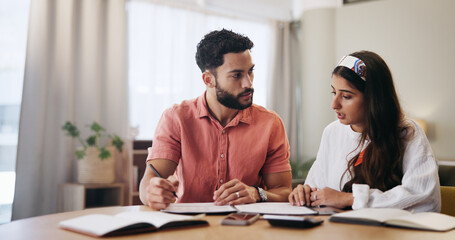 Finance, paperwork and couple in home with bills for budget, savings and payment invoice for...