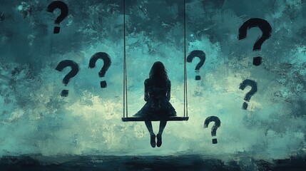 Abstract Painting of Lonely Woman on Swing Surrounded by Questions Symbolizing Doubt