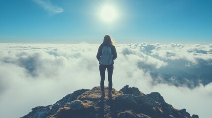 Back View of Woman with Backpack Standing Above Cloudscape Landscape