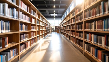 Rows of bookshelves filled with books in a library, providing knowledge and resources.