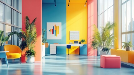 Colorful Interior Design with Palm and Desk in Modern Office Space