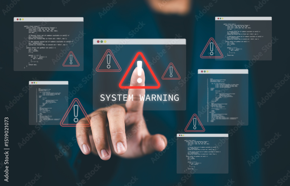 Poster Cybersecurity warning concept with Man pressing virtual alert icon on screen, representing system error, malware risk, and data breach prevention in digital networks and IT infrastructure.
