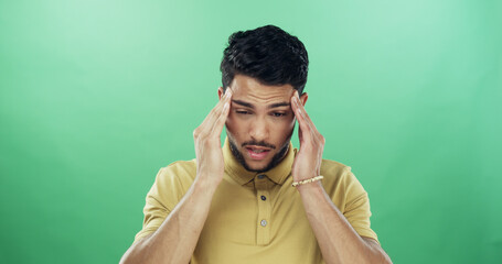 Headache, tired and man in studio with burnout, fatigue or exhaustion for medical sickness. Stress,...