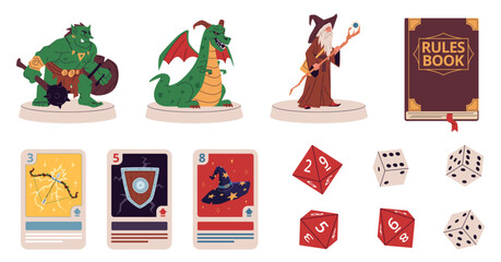 Rpg board game elements. Polygonal dices, cards template, wizard, dragon and orc with weapon, fantasy adventure world, figures, rules book, cartoon isolated boardgame nowaday vector set