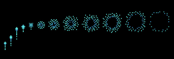 Pixel firework animation. Frame by frame light burst, gradual movement, retro 8 bit game element, sequences, pyrotechnic glowing firecracker studies, qualitative vector concept