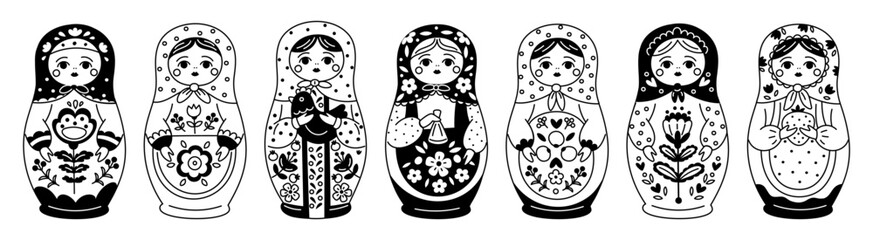 Matryoshka doll icons. Engraving style, russian dolls black and white silhouette, traditional folk toys with flower pattern, decorative traditional wooden girls, garish vector isolated set