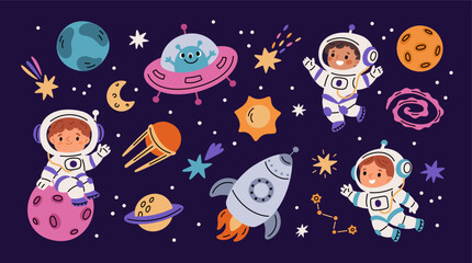 Kids astronauts and space elements. Little cosmonauts, funny children in spacesuits, ufo with alien, rocket and planets, childish background cartoon flat isolated garish vector set