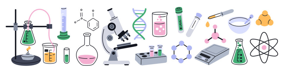 Chemistry tools. Chemical or biological laboratory equipment, test tubes, flasks, microscope, pharmaceutical elements, lab glassware flat isolated elements garish vector scientific set
