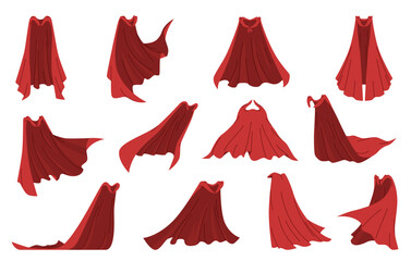 Cartoon red capes. Superhero silk cloaks, different positions, fabric draperies, scarlet mantles, billow and flowing, super hero costume, masquerade cloth nowaday vector isolated set