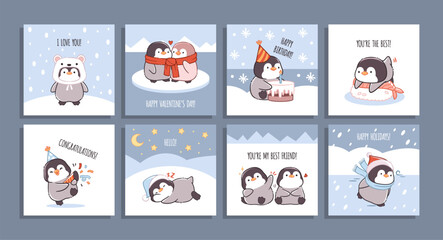 Cartoon penguin cards. Funny little birds, cute inscriptions, kawaii northern mascot, greetings banners, chubby characters, childish print or poster, emotions and activities tidy vector set