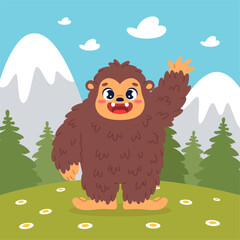 Cartoon bigfoot on nature. Brown funny sasquatch in clearing, fluffy fantasy creation, cute monster waves and smiles, forest landscape, print or poster, mythical animal classy vector concept