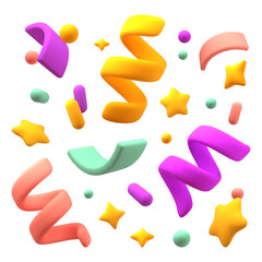 Cartoon 3d confetti. Birthday party elements, serpentine, glossy stars and dots, cute chubby design, holiday firecrackers, popper content, celebration icon render isolated classy vector set