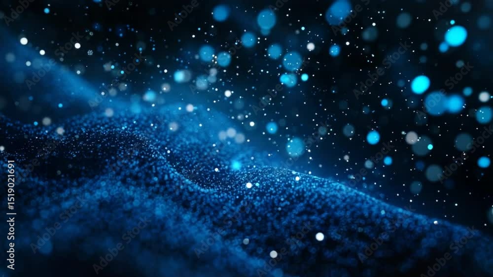 Poster abstract animation of illuminated blue dots floating and moving in dark space