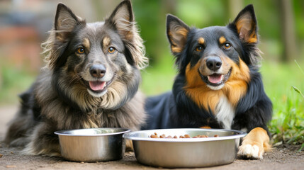 Playful dogs enjoying mealtime together outdoor setting pet photography natural environment close-up view animal bonding