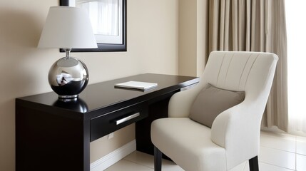 Minimalist hotel workspace, sleek desk, designer lamp, notebook, neutral tones.