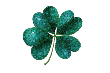 Teal four-leaf clover with sparkling texture, isolated on a black background.  Detailed rendering with visible vein-like structures
