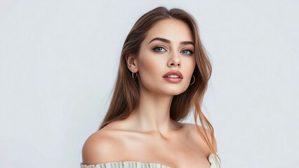 Obraz premium Blond woman model with natural fresh skin and glamorous make-up smiling in studio