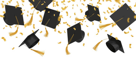 Graduation Caps Floating in Celebration with Confetti