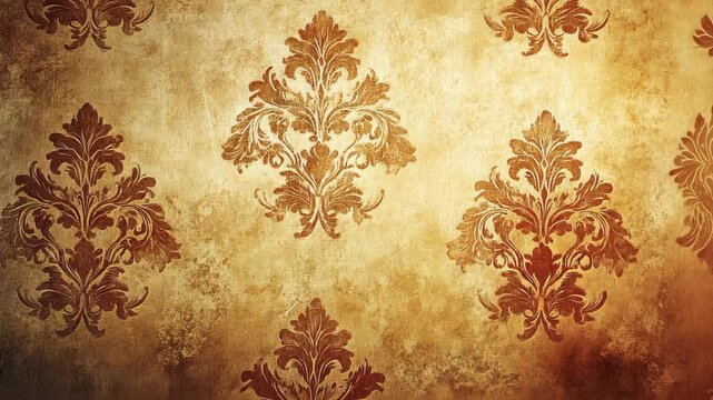 Aged, ornate wallpaper with a repeating damask pattern in reddish-brown on a textured, gold background