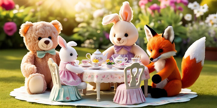 A teddy bear, bunny, and fox enjoy a cheerful tea party in a garden - Powered by Adobe