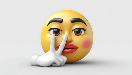 Stylish 3D Emoji Face with Peace Sign Hand and Red Lips, Flirty Yellow Emoticon with Blushed Cheeks and Winking Eye, Playful Digital Icon for Secrecy and Charm