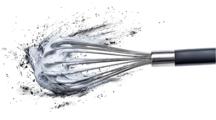 A close-up shot of a whisk in motion, creating a dynamic splash of white cream against a black background.  The image emphasizes the texture and movement of the ingredients