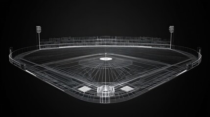 Wireframe baseball stadium.  Detailed 3D model of a baseball diamond and stadium, showing the structure's framework