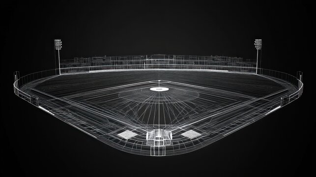 Wireframe baseball stadium.  Detailed 3D model of a baseball diamond and stadium, showing the structure's framework