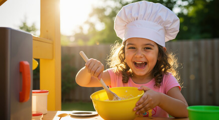 Happy girl in chef hat mixing ingredients in yellow bowl outdoors. Cooking education for culinary skills development and kitchen safety learning